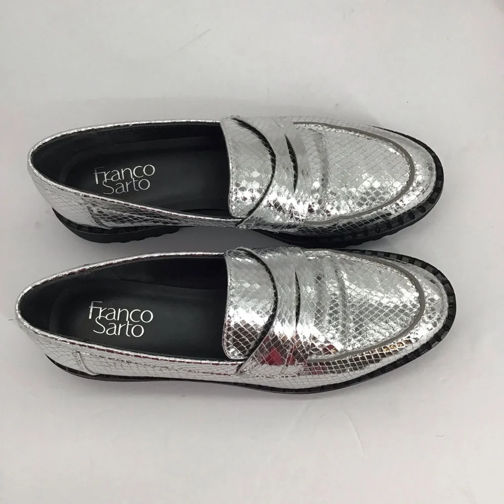 Franco Sarto Cassandra Platform Penny Loafer Snake Embossed Silver Size 7.5